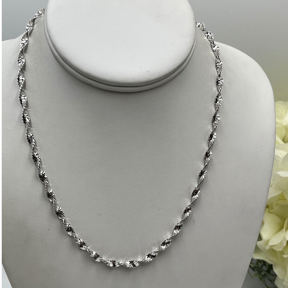 Solid Sterling Silver 925 Italian Twisted Sparkle Chain Necklace Rhodium 17.5"